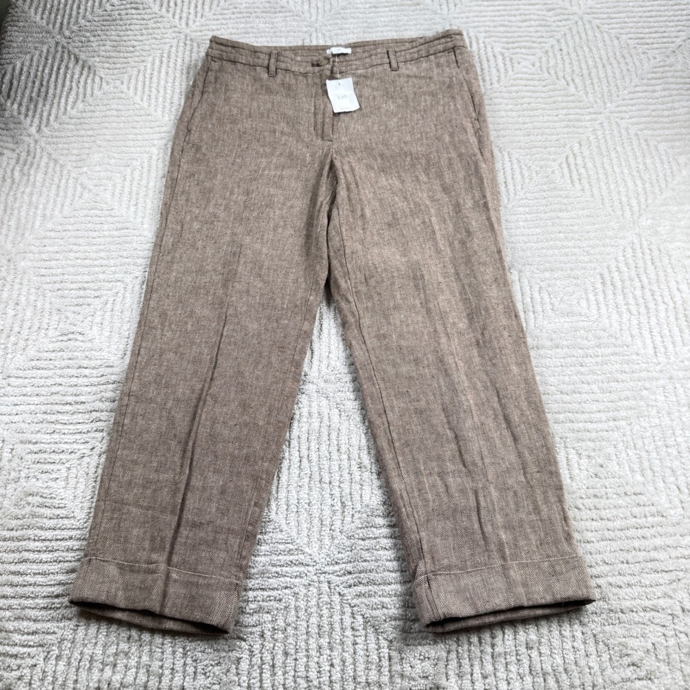 J Jill Herringbone Pants Womens 10 Brown Linen Cotton Straight Academia Coastal - Picture 1 of 12